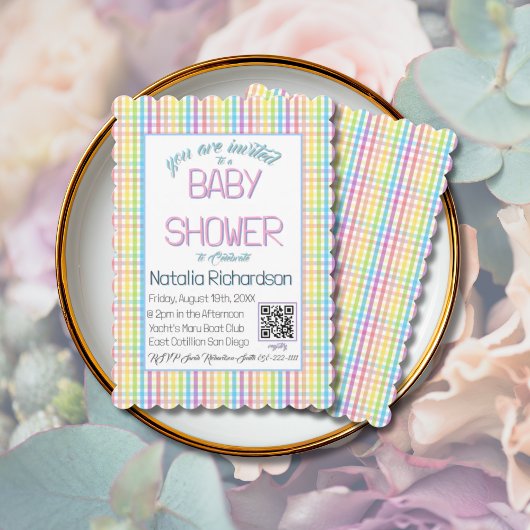 Pastel Gingham Rainbow Baby Shower Einladung