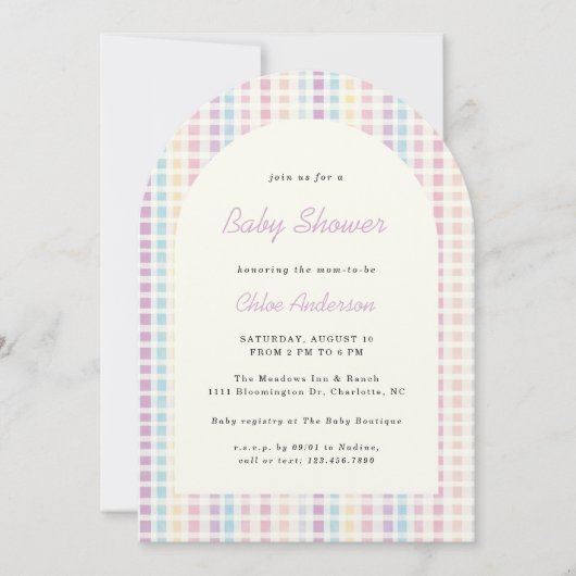 Pastel Gingham Rainbow Colors Baby Shower Einladung (Vorderseite)