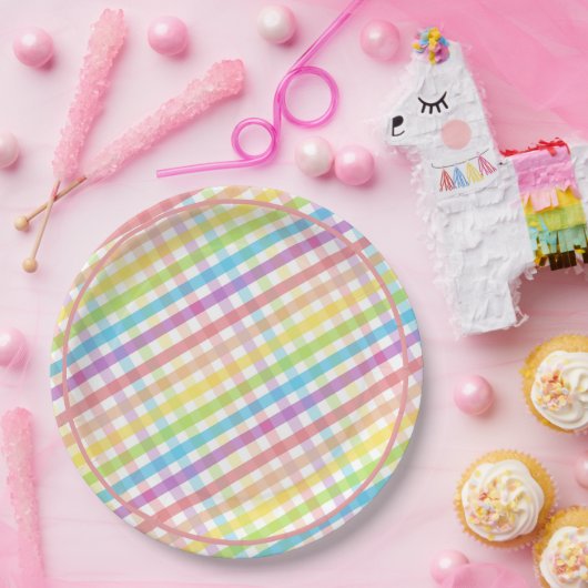 Pastel Gingham Rainbow Pink Baby Shower Pappteller (Party)