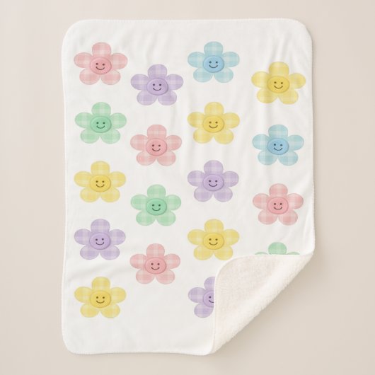 Pastel Gingham Smiling Flowers Cute Blanket Sherpadecke (Vorderseite)