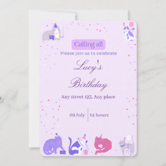 Pastel Girl Cat Invite Einladung
