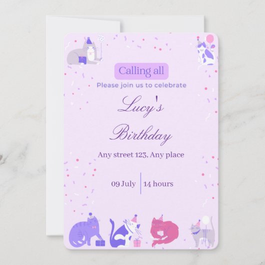Pastel Girl Cat Invite Einladung (Vorderseite)