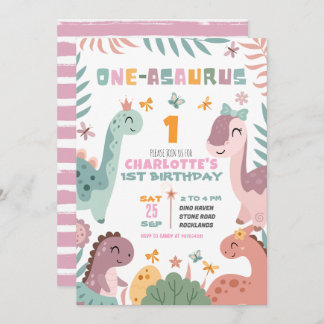 Pastel Girl Dinosaur 1st Birthday Invitation Einladung