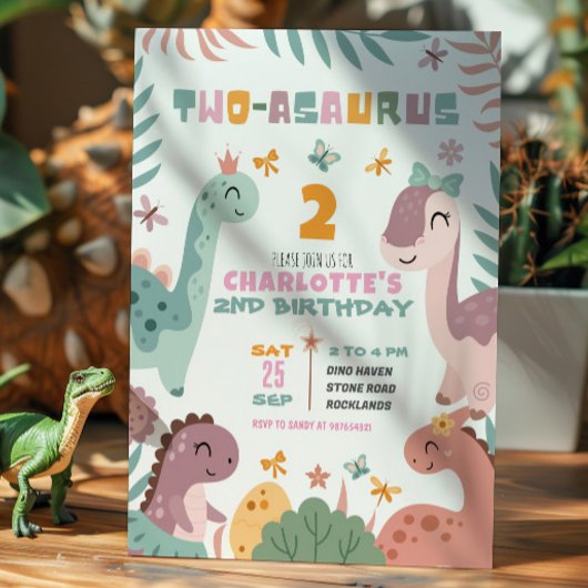 Pastel Girl Dinosaur 2nd Birthday Invitation Einladung