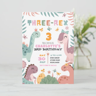 Pastel Girl Dinosaur 3rd Birthday Invitation Einladung