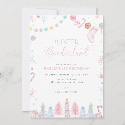 Pastel Girl Winter Onederland Einladung zum Geburt (Vorderseite)