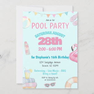 Pastel Girls Sommer Pool Geburtstagsparty Einladun Einladung