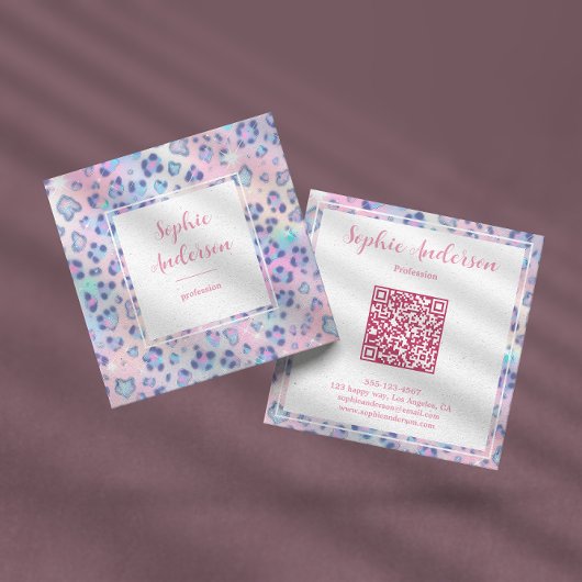 Pastel Glitter Leopard Print with Qr Code Quadratische Visitenkarte