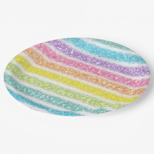 Pastel Glitter Rainbow Pappteller (Schrägansicht)