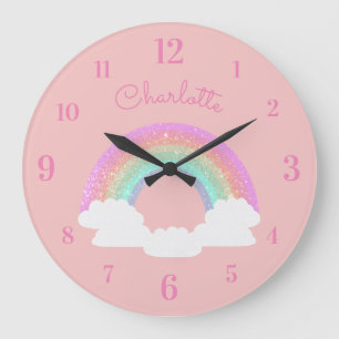 Pastel-Glitter-Regenbogen mit individuellem Namen Große Wanduhr
