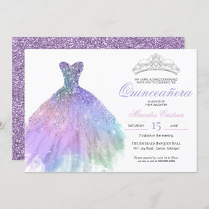 Pastel Glitzer Mermaid Unicorn Rainbow Quinceañera Einladung