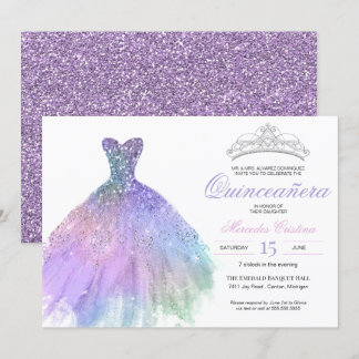 Pastel Glitzer Mermaid Unicorn Rainbow Quinceañera Einladung