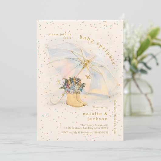 Pastel Glitzer Umbrella Floral Boots Baby Sprinkle Einladung (Stehend Vorderseite)