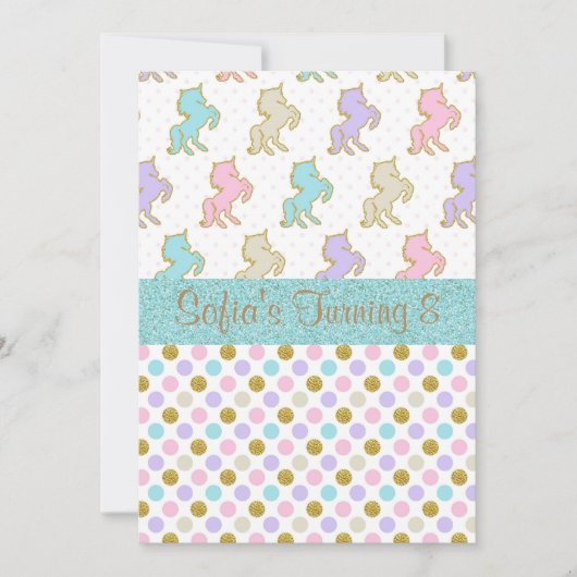 Pastel Glitzer Unicorn Polka Dot Party Einladungen (Vorderseite)