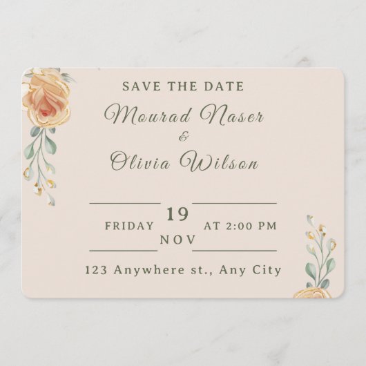 Pastel Gold Floral Wedding Save the Date Card Einladung (Vorderseite)