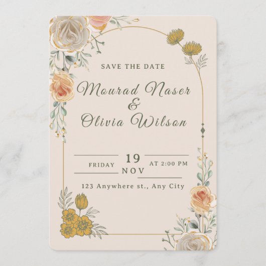 Pastel Gold Floral Wedding Save the Date Card Einladung (Vorderseite)