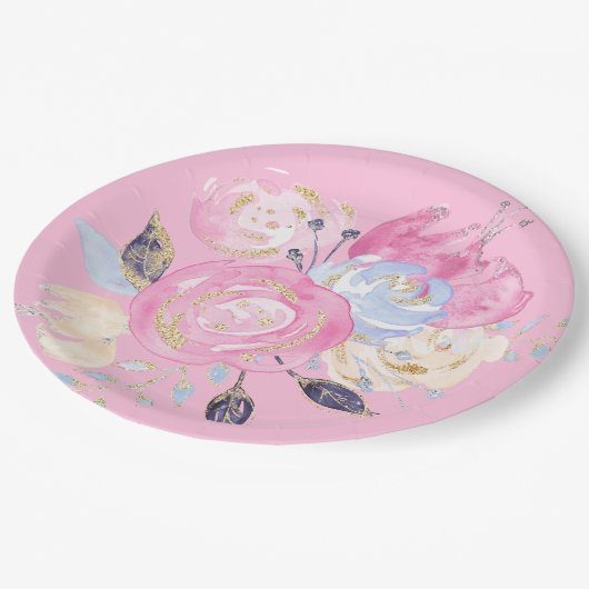 Pastel Gold Glitzer Blume Pappteller (Schrägansicht)