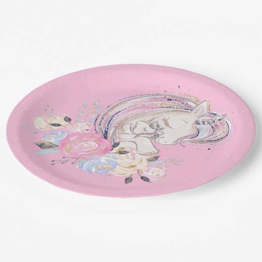 Pastel Gold Glitzer Unicorn und Baby mit Blume Pappteller (Schrägansicht)