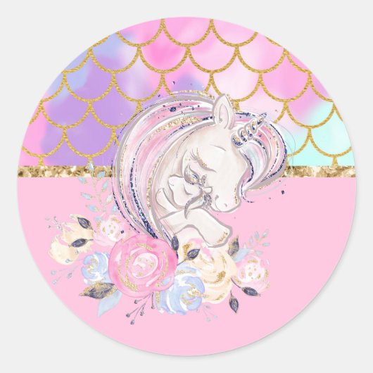 Pastel Gold Glitzer Unicorn und Baby mit Blume Runder Aufkleber (Vorderseite)