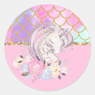 Pastel Gold Glitzer Unicorn und Baby mit Blume Runder Aufkleber