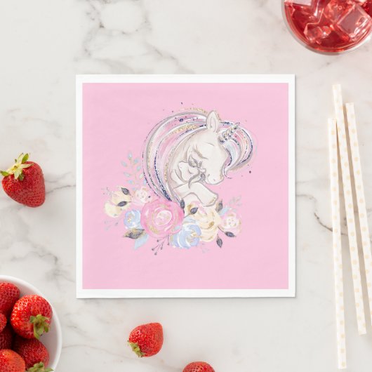 Pastel Gold Glitzer Unicorn und Baby mit Blume Serviette (Beispiel)