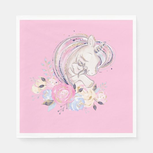 Pastel Gold Glitzer Unicorn und Baby mit Blume Serviette (Vorderseite)
