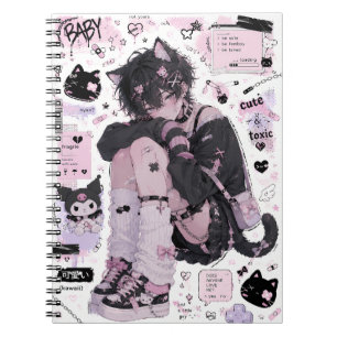 Pastel-Goth-Anime-Femboy-Ästhetik Süße Neko-Katze Notizblock