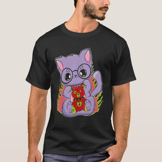 Pastel Goth Cat mit Teddy Bär für Horror Fans T-Shirt (Vorderseite)