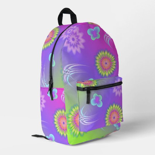 Pastel Gradient Flowers and Butterflies Bedruckter Rucksack (Rückseitige Ecke links)