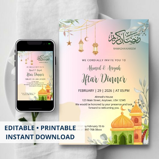 Pastel Gradient Mosque Iftar Dinner Invitation Einladung