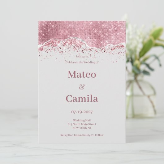 Pastel graue Rose Gold silber Glitzer Hochzeit Einladung (Stehend Vorderseite)