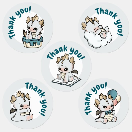 Pastel Gray Blue Baby Dragon Vielen Dank Etiketten (Gruppe)