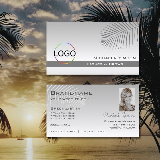 Pastel Gray Gradient Palm Leaf Logo und Foto Visitenkarte