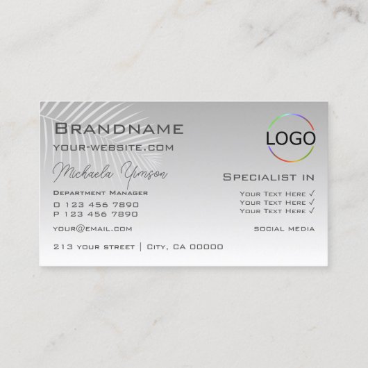 Pastel Gray Gradient Palm Leaf Monogramm und Logo Visitenkarte (Rückseite)