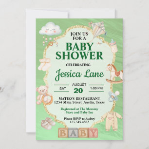 Pastel Green Baby Toys Dusche Einladung
