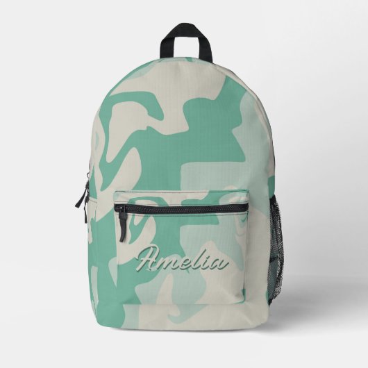 Pastel Green Beige Swirl Pattern Name Bedruckter Rucksack (Vorderseite)