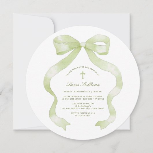 Pastel Green Bow Taufe Einladung (Vorderseite)