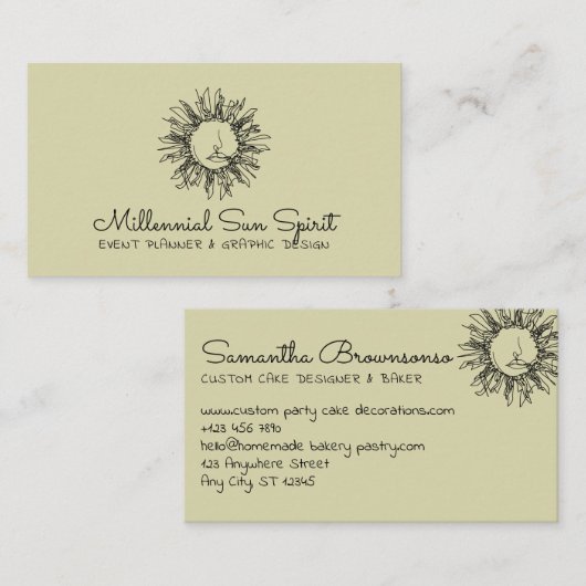 Pastel Green Celestial Sun Face Visitenkarte (Vorne/Hinten)