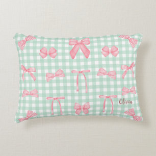 Pastel Green Gingham Pink Bow Dekokissen