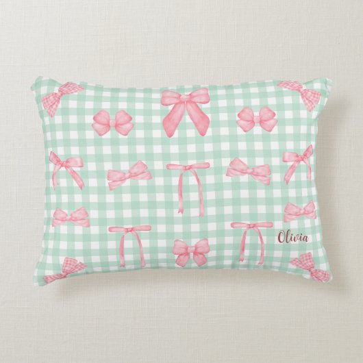 Pastel Green Gingham Pink Bow Dekokissen (Vorderseite)