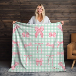 Pastel Green Gingham Pink Bow Fleece Blanket