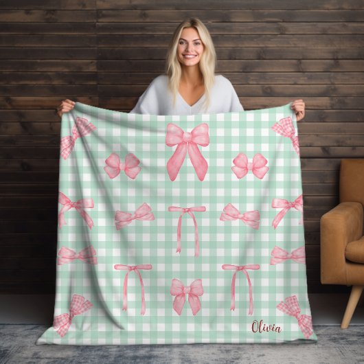 Pastel Green Gingham Pink Bow Fleece Blanket
