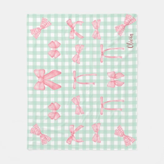 Pastel Green Gingham Pink Bow Fleece Blanket (Vorderseite)