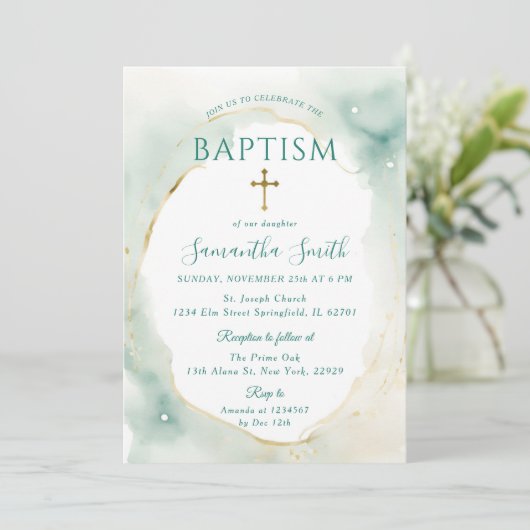 Pastel Green Gold Cross Christening Taufe Einladung (Stehend Vorderseite)