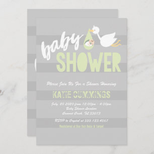 Pastel Green & Gray, Stork Baby Shower Einladung