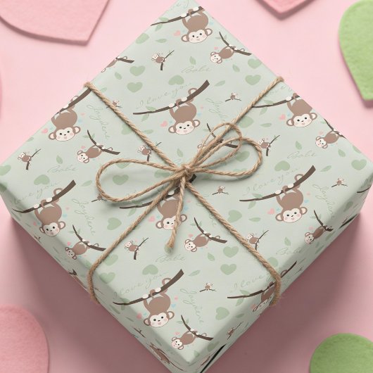 Pastel Green Monkey Valentine Wrapping Paper Geschenkpapier