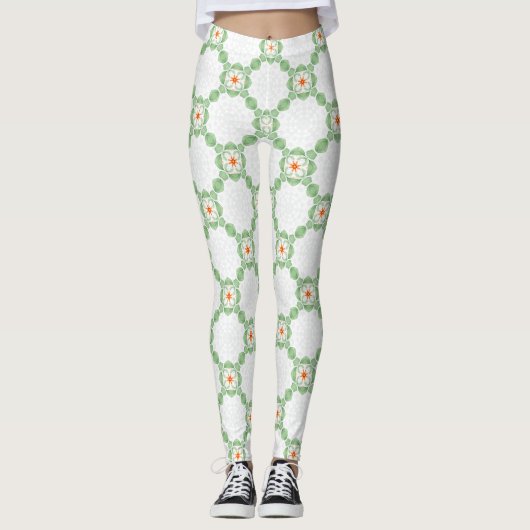 Pastel Green & Orange Floral Leaf Pattern Leggings (Vorderseite)