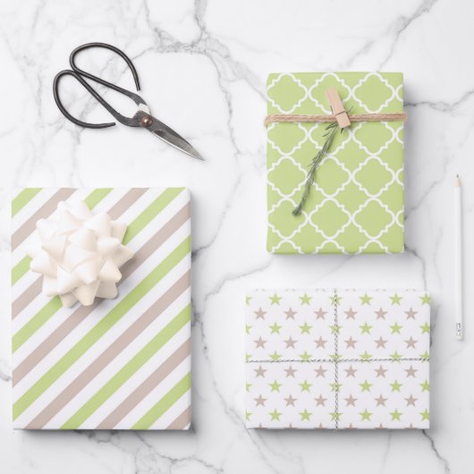 PASTEL GREEN & TAN STARS STRIPES GESCHENKPAPIER SET (Vorderseite)