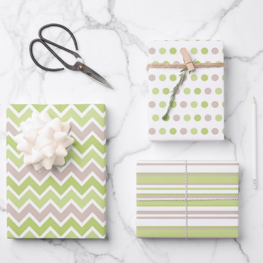 PASTEL GREEN & TAN STRIPES POLKA DOTS ZIG ZAG GESCHENKPAPIER SET (Vorderseite)