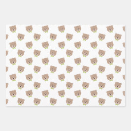 PASTEL GREEN & TAN TEDDY BEAR FACES HEARTS PLAID GESCHENKPAPIER SET